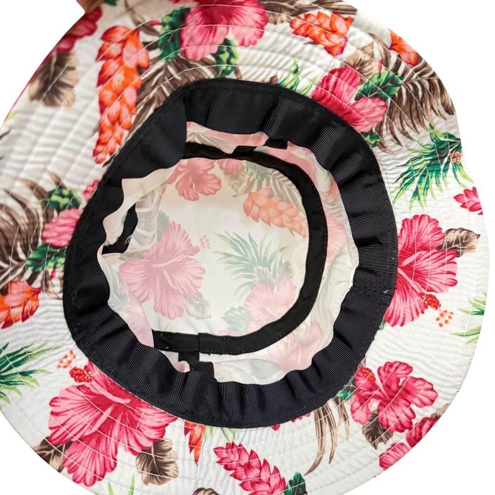Vans Bucket Hat Unisex OS White Pink Tropical Hibiscus Floral Print Logo Patch - Picture 5 of 5